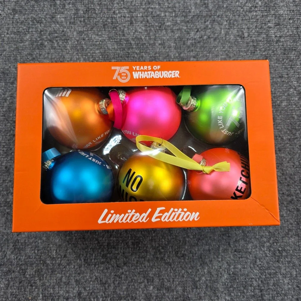 Whataburger 75th Anniversary Holiday ‎ Glass Ornament Set Limited Edition